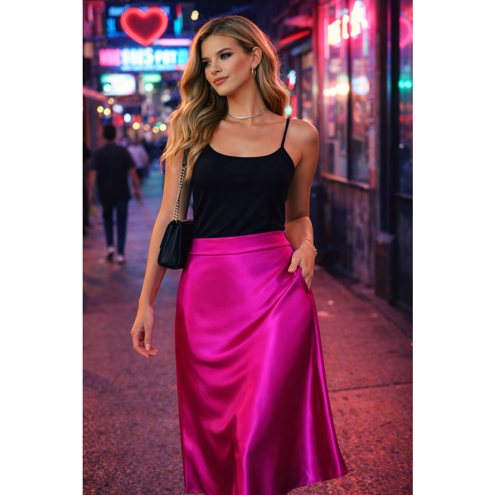 Nicole Miller Satin Midi Skirt Fuchsia Elastic Waist Slip Women S